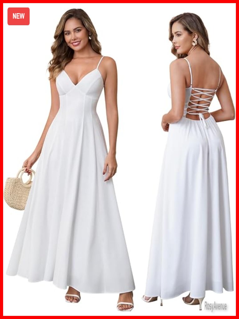 Lightweight Flowy A-Line Maxi Dress, Spaghetti Strap V-Neck Lace Up Back
